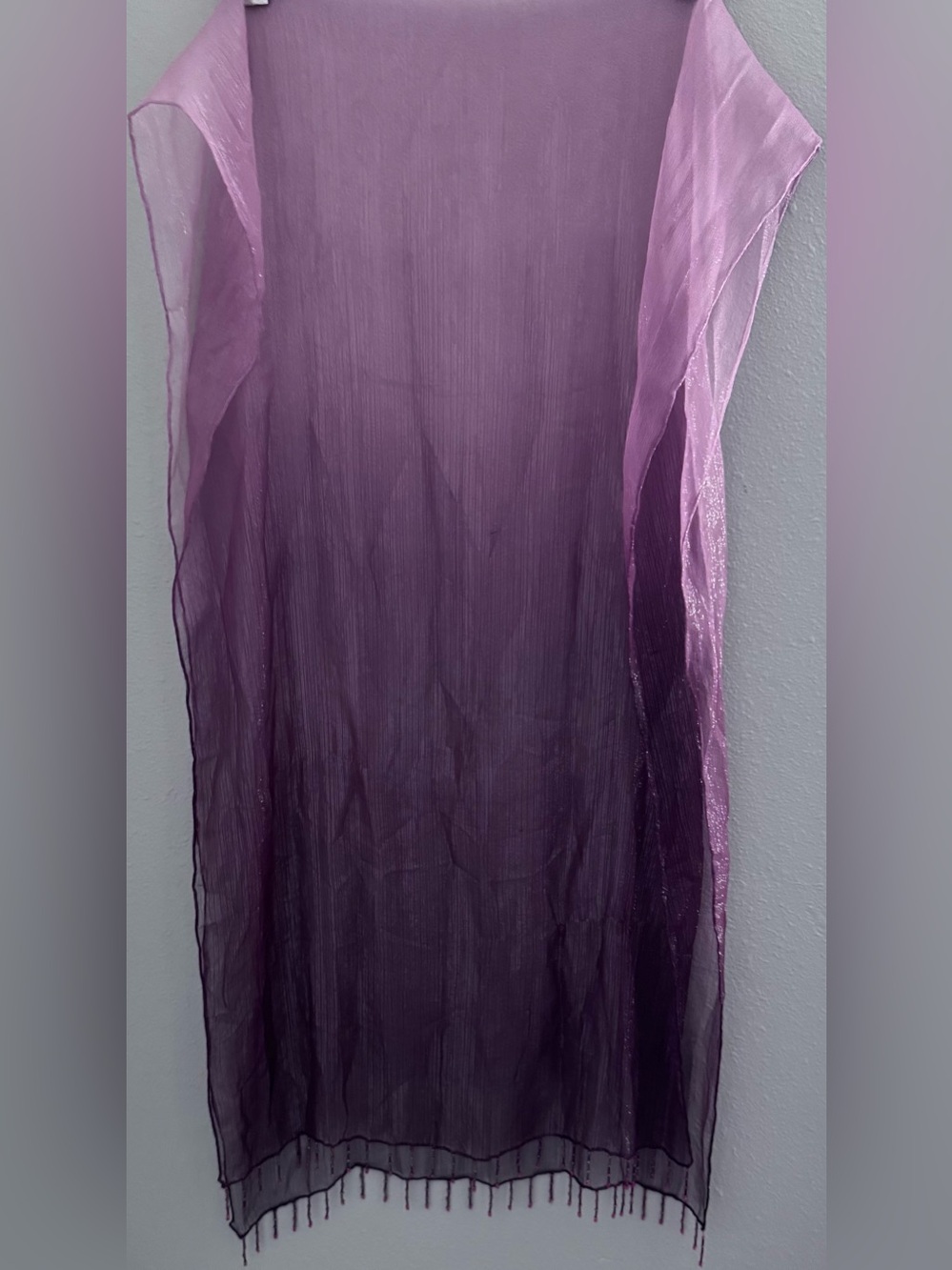 Elegant Purple Ombre Sheer Scarf Wrap with Beaded Trim and Gold Thread Detail